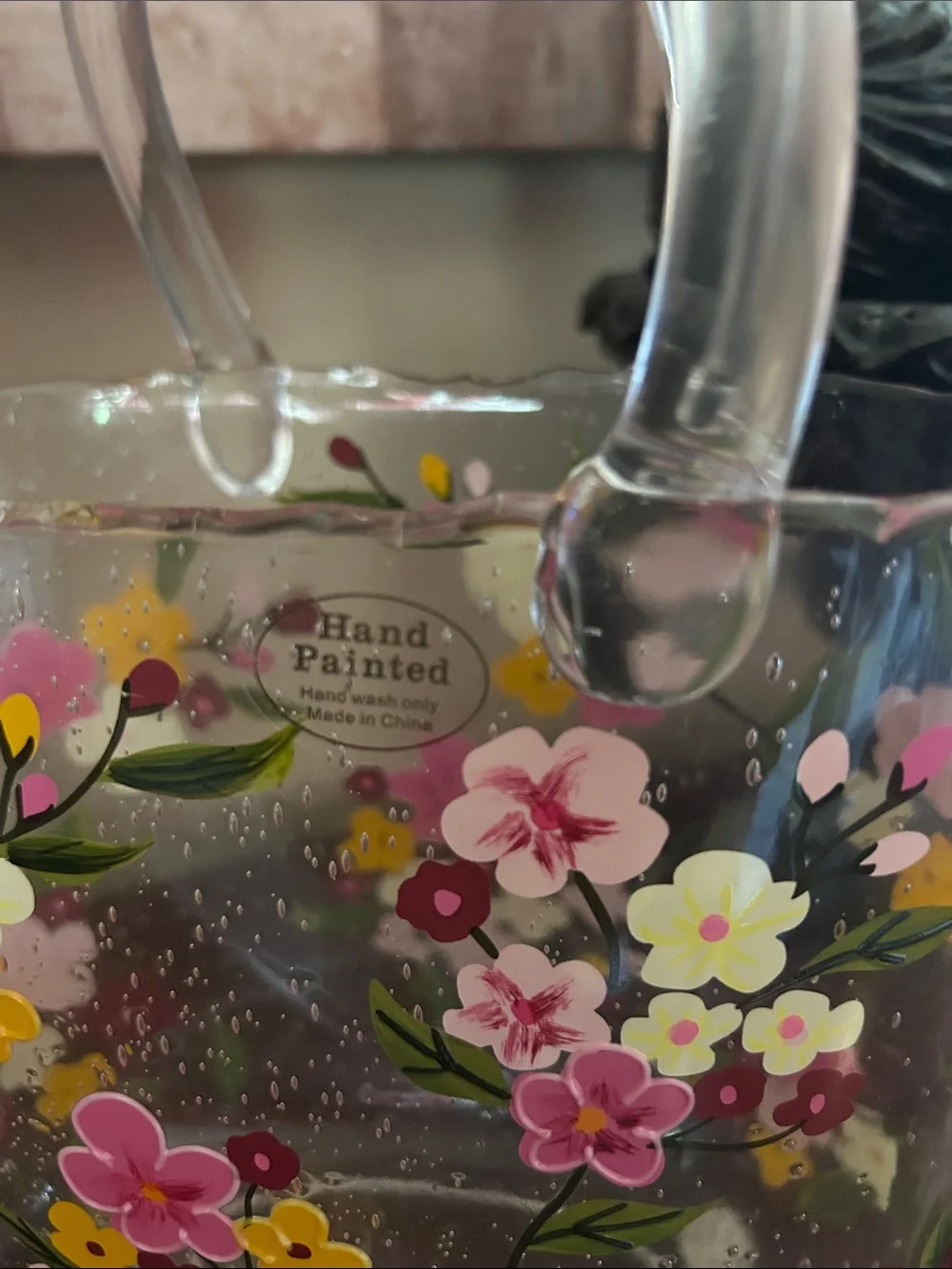 Clear Floral Glass Tote Vase - Pink & Yellow Floral Accent